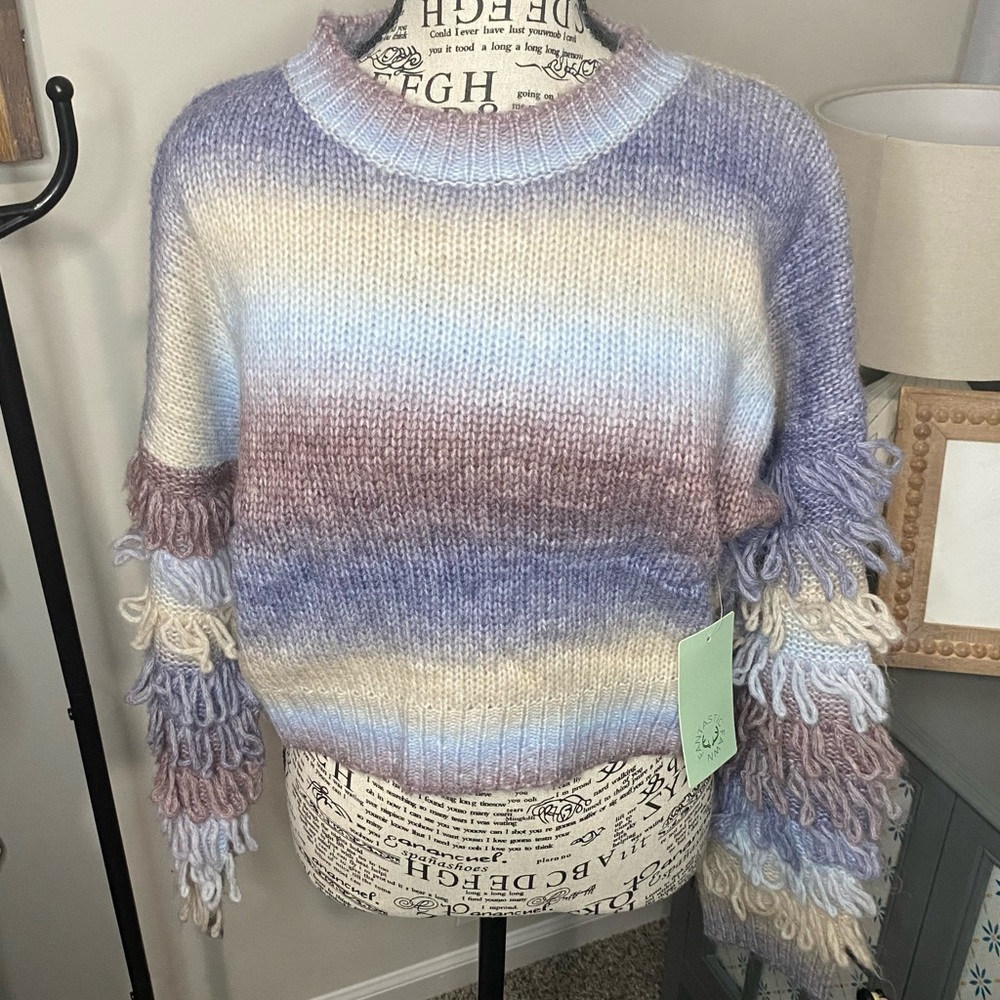 Fantastic Fawn Gradient Knit Crop Sweater Fringe Bell Sleeve NWT S Pastel